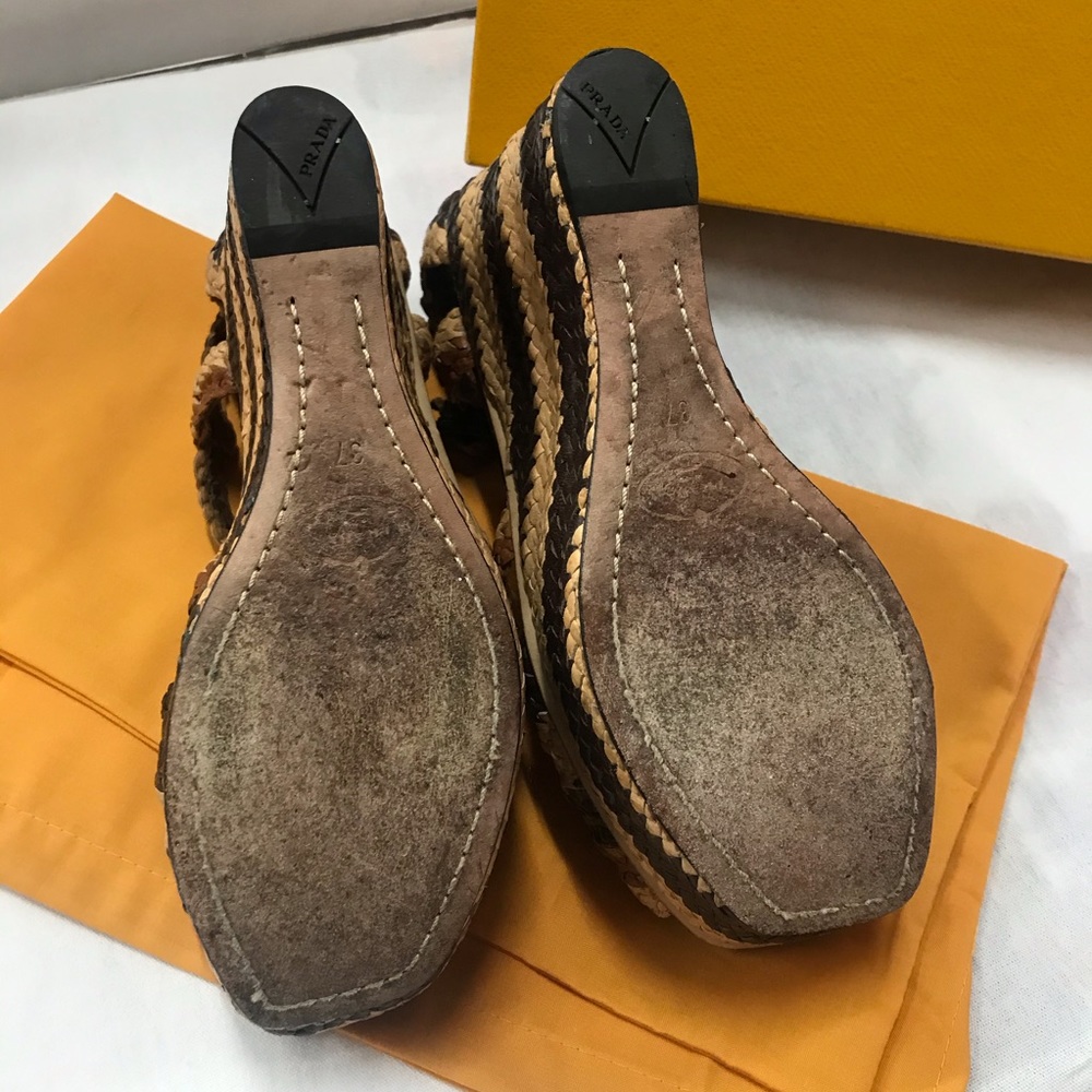 PRADA Brown Woven Leather Peep Toe Wedge Sandals - Picture 12 of 14